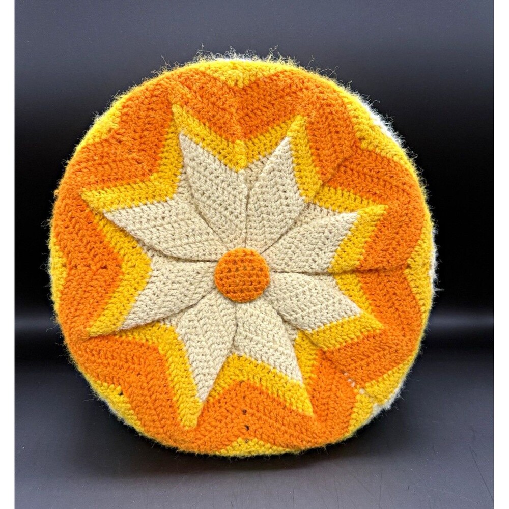 Vintage Crocheted grandmacore  round Throw Pillow Star Pattern
